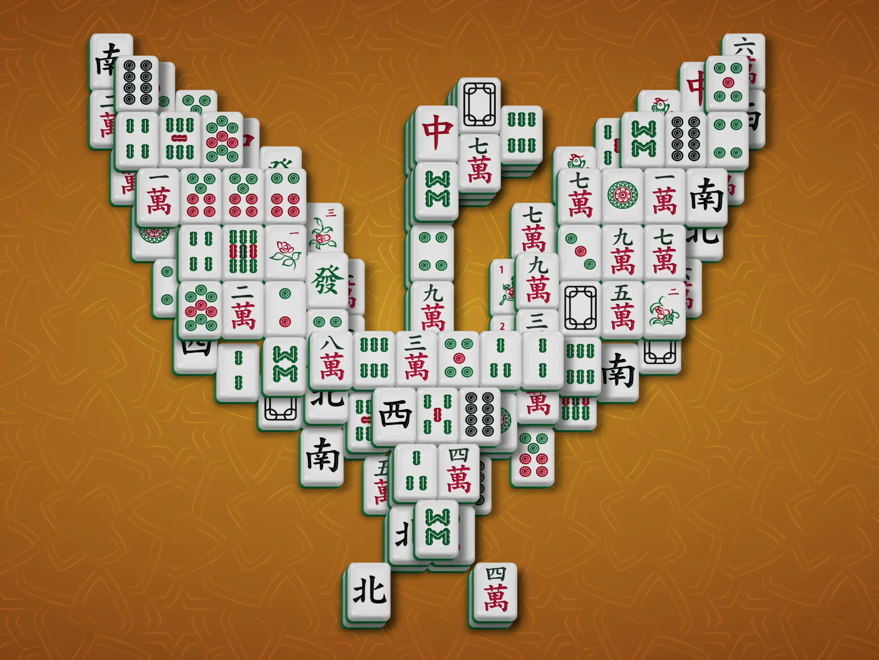 Uma visualização de mahjong solitaire Pterodáctilo, jogável tanto em desktops quanto em celulares.