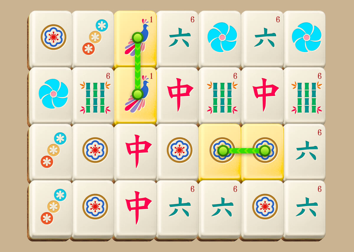 Mahjong Connect Gravity-spillefelt med fremhævede tilstødende matchende brikpar.