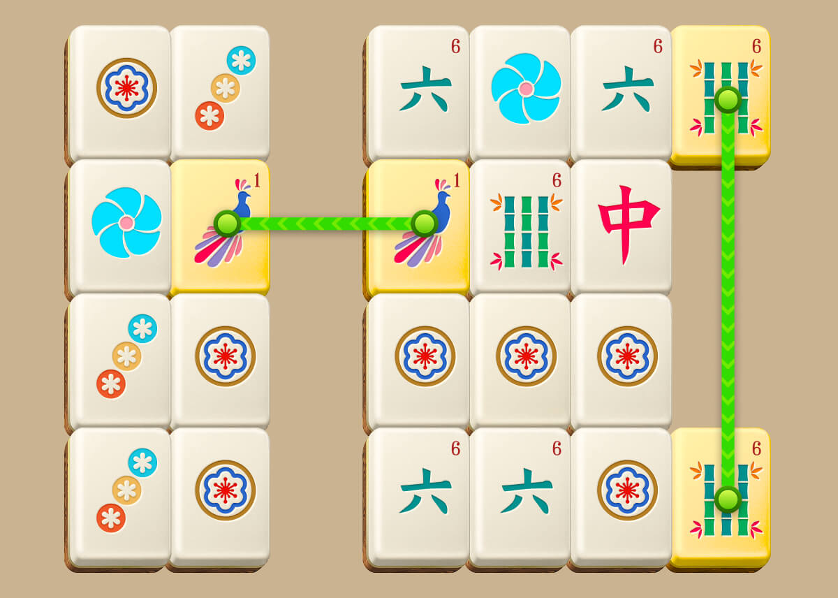Mahjong Connect Gravity-spillefelt med matchende brikker forbundet med én lige linje.