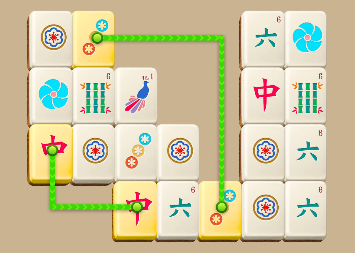 Mahjong Connect Gravity-spillefelt med et matchende par brikker forbundet med to lige linjer og ét hjørne.