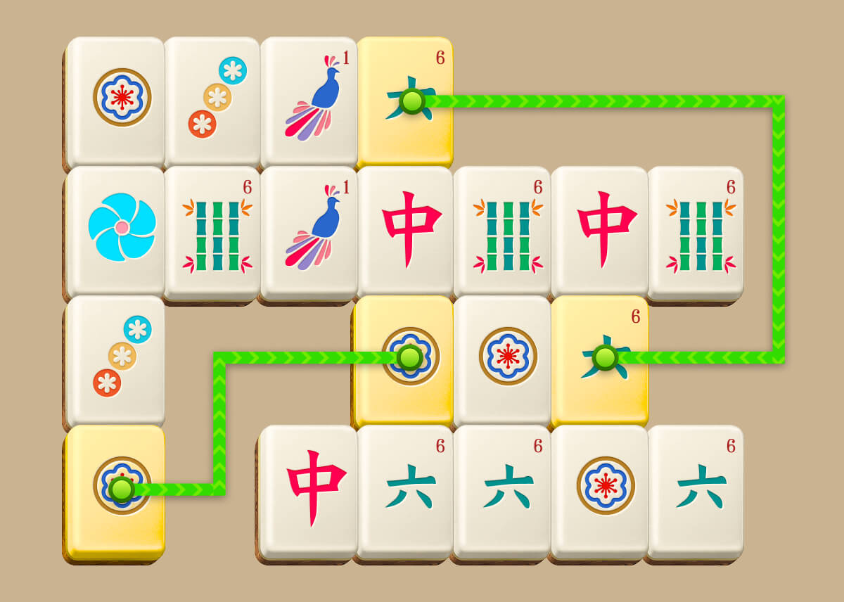 Mahjong Connect Gravity-bræt, der viser et matchende par forbundet med tre lige linjer gennem tomt område.